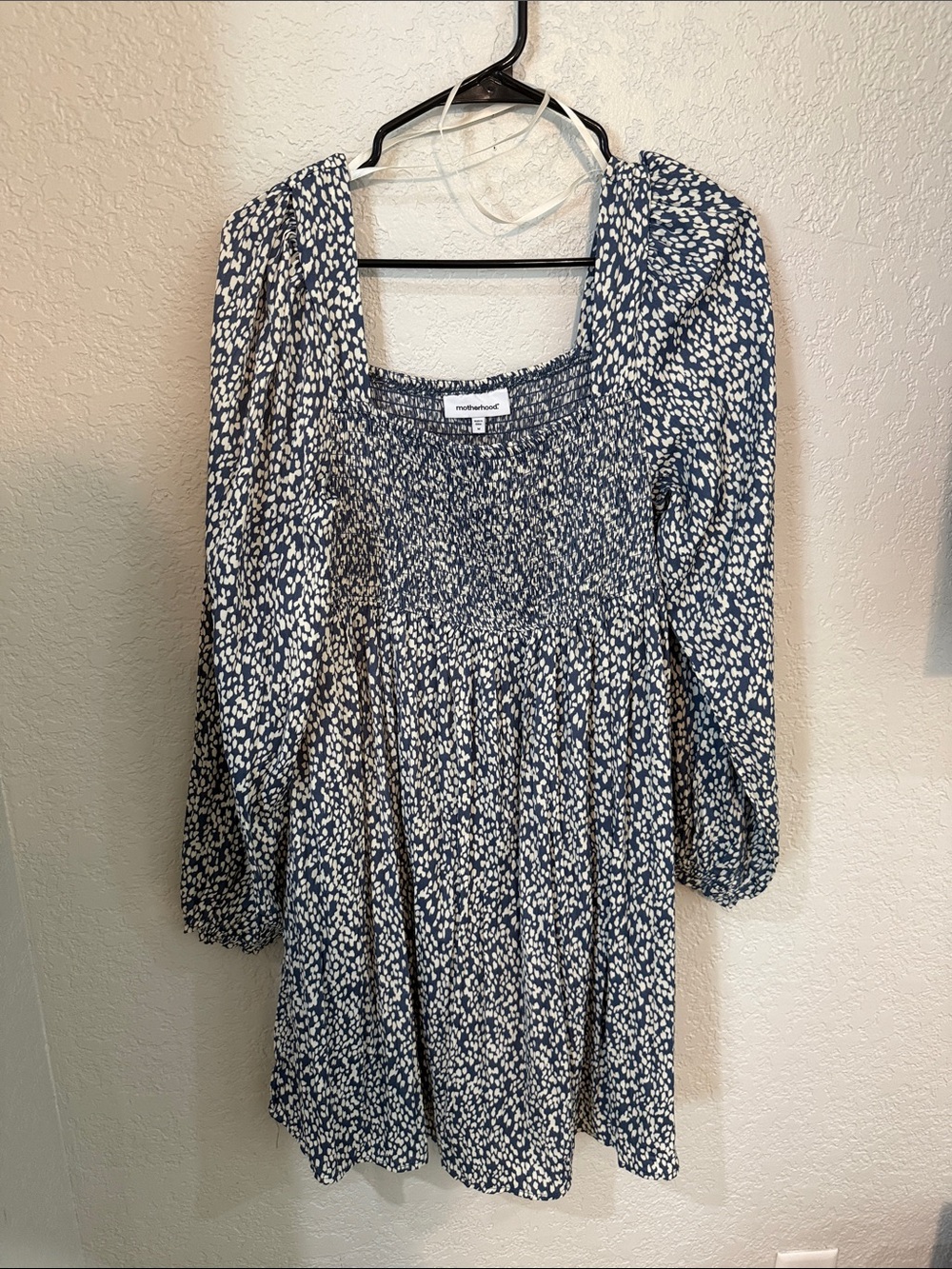Motherhood Maternity Navy and White Smocked Square-Neck Long Sleeve Dress